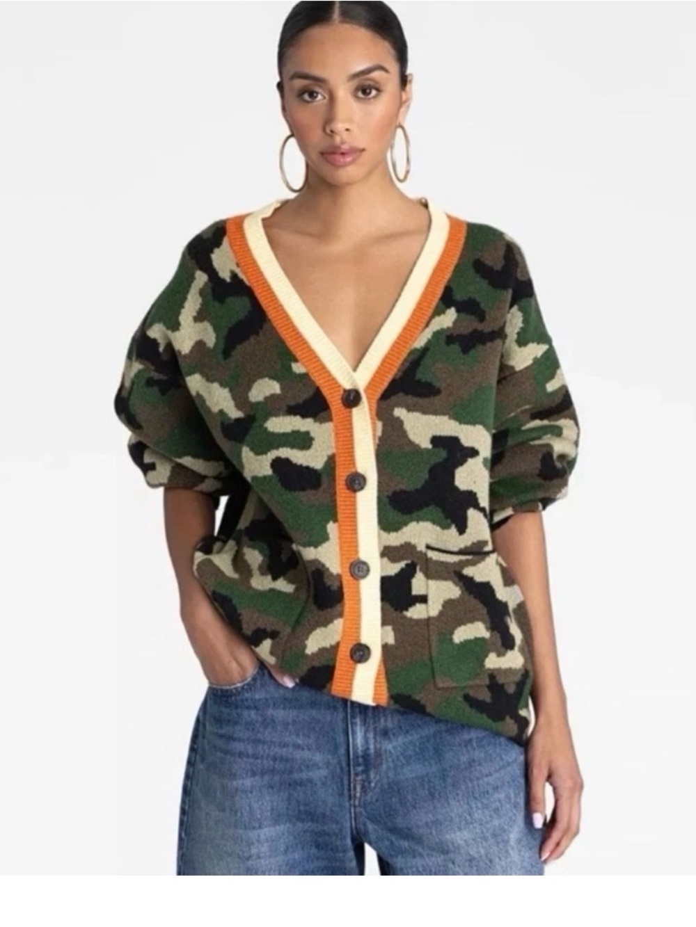 Camo V-Neck Button Front Sweater Cardigan - Green